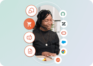 Woman supporting across various channels and integrations using real-time automatic translation